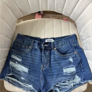 Blue Distressed Jean Shorts with Raw Hem